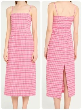 Ciao Lucia Lareina Seersucker Midi Pencil Dress Pink White Sundress Medium M